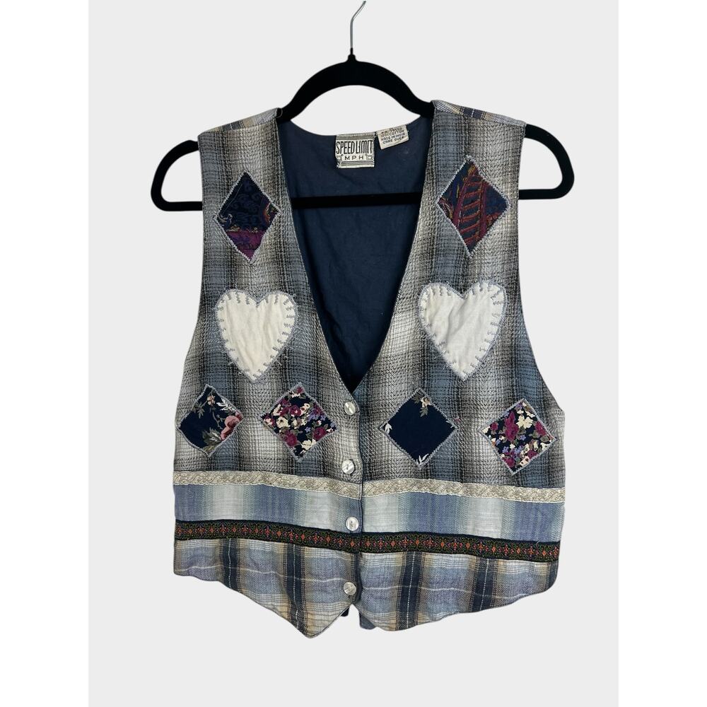 Vintage Speed Limit MPH Patchwork Heart Vest Plaid Tie Back‎ Cotton Medium
